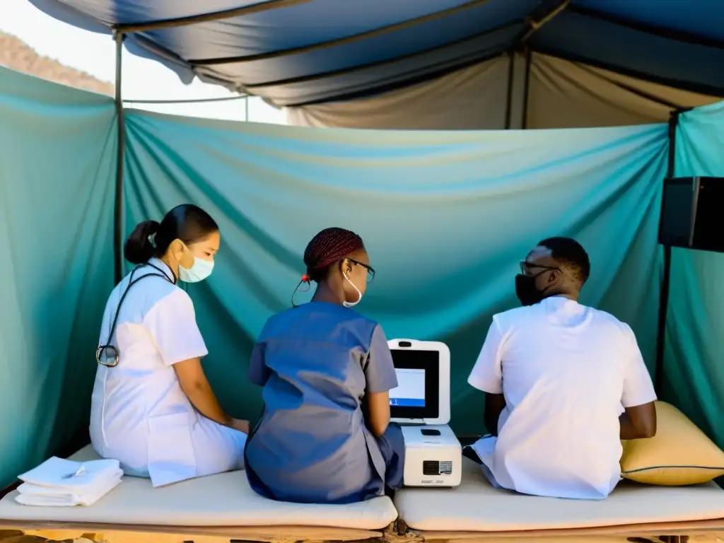 Un grupo de médicos y enfermeras utiliza telemedicina para brindar asistencia médica en una zona de guerra