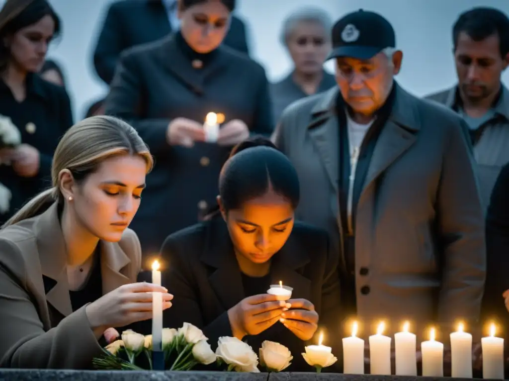 Un grupo se reúne en un memorial, colocando flores y encendiendo velas en recuerdo de los perdidos por conflictos