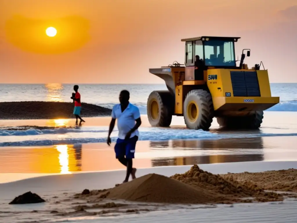 Un grupo de miembros de la comunidad costera observa la extracción de arena en la playa al atardecer, reflejando el impacto en sus vidas