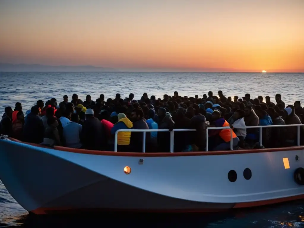 Un grupo de migrantes en un barco improvisado en el Mediterráneo, reflejando miedo, determinación y esperanza