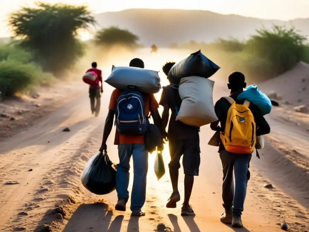 Un grupo de migrantes camina por un camino polvoriento bajo el sol implacable, llevando sus pertenencias en bolsas desgastadas