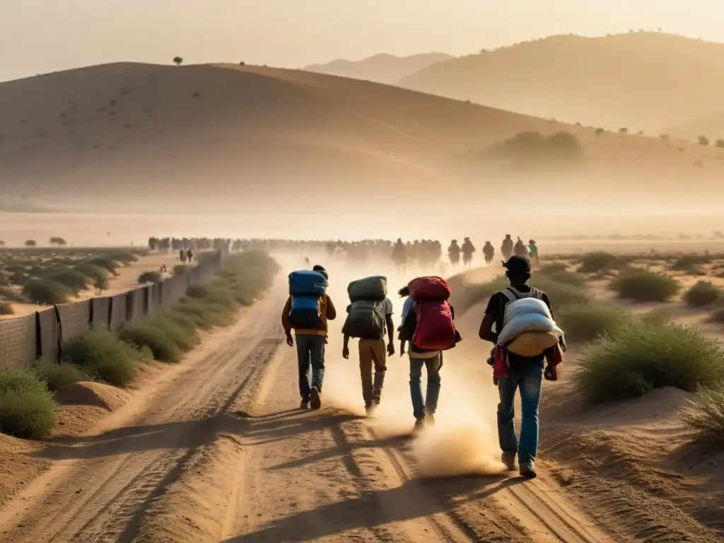 Un grupo de migrantes avanza por un camino polvoriento bajo el sol abrasador, cargando sus pertenencias