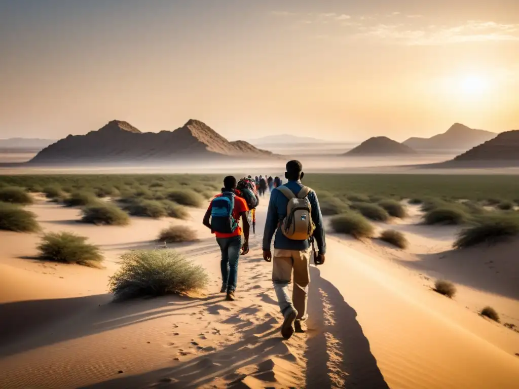 Un grupo de migrantes avanza cansado por un desierto árido bajo el sol abrasador