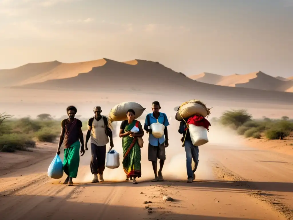 Grupo de migrantes climáticos agotados caminando por un camino árido bajo el sol abrasador, buscando un nuevo hogar