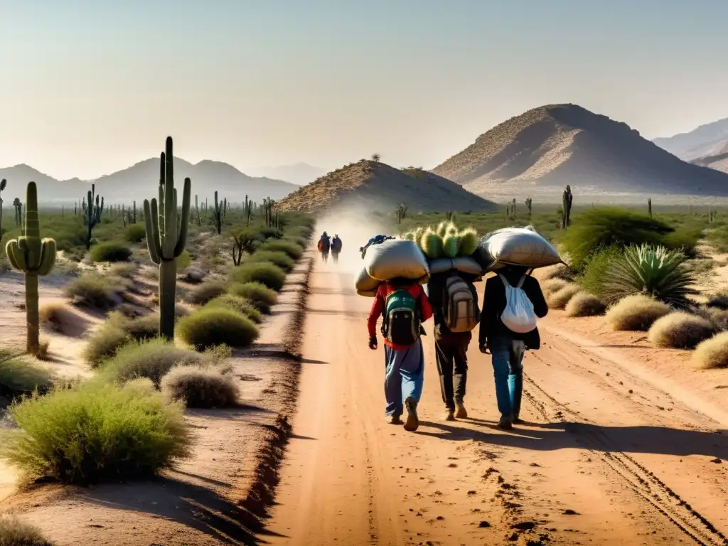 Grupo de migrantes determinados caminan bajo el sol abrasador hacia un futuro incierto