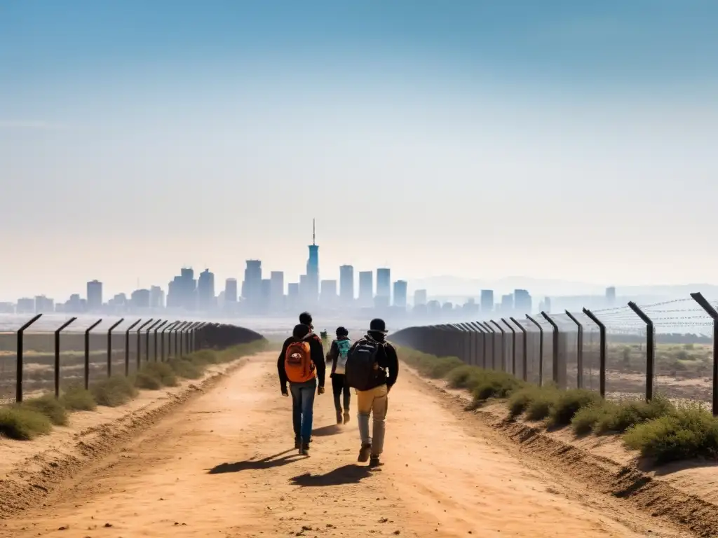 Un grupo de migrantes determinados camina hacia una valla fronteriza, simbolizando la complejidad de la migración y la globalización