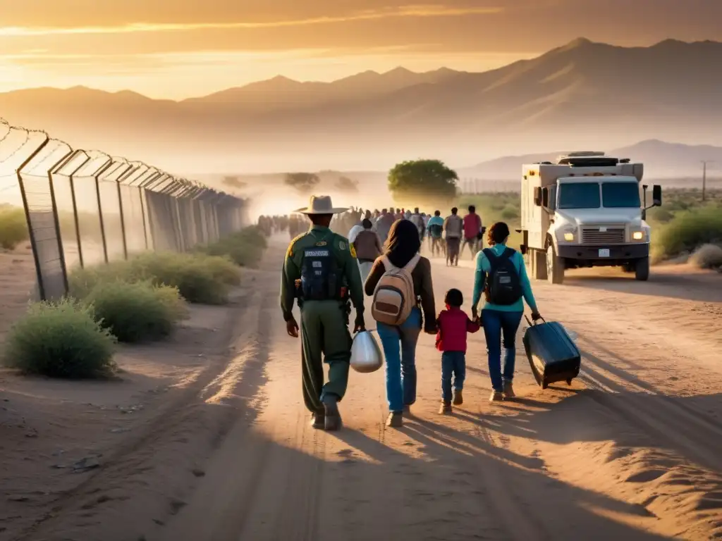 Grupo de migrantes avanza con determinación hacia la esperanza, bajo el sol que se pone, rodeado de vallas y vehículos de patrulla