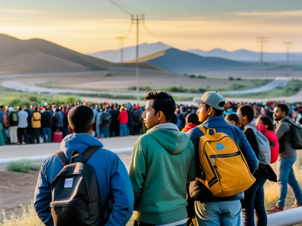 Grupo de migrantes aguardando en la frontera con expresiones de esperanza, miedo y agotamiento