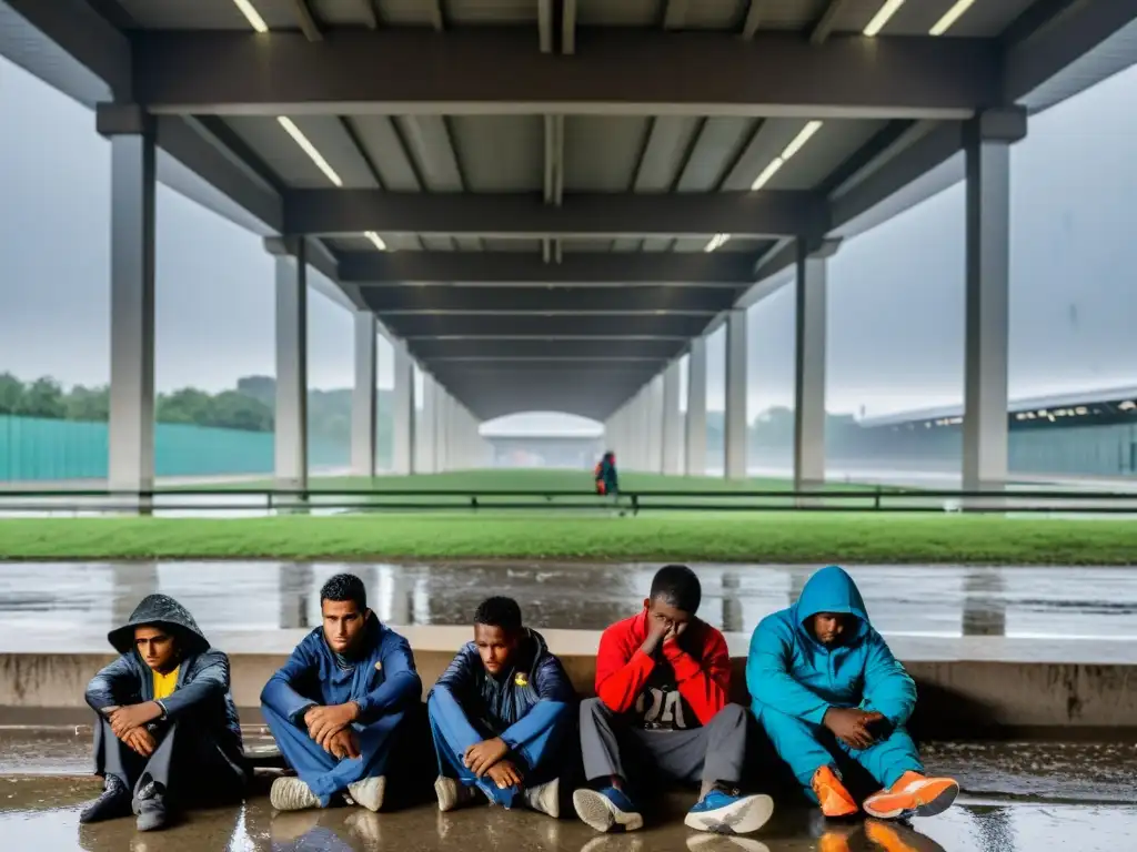 Refugio y lucha: migrantes bajo el puente frente al estadio Un grupo de migrantes se resguarda bajo un puente de la lluvia, contrastando con la grandeza de un estadio