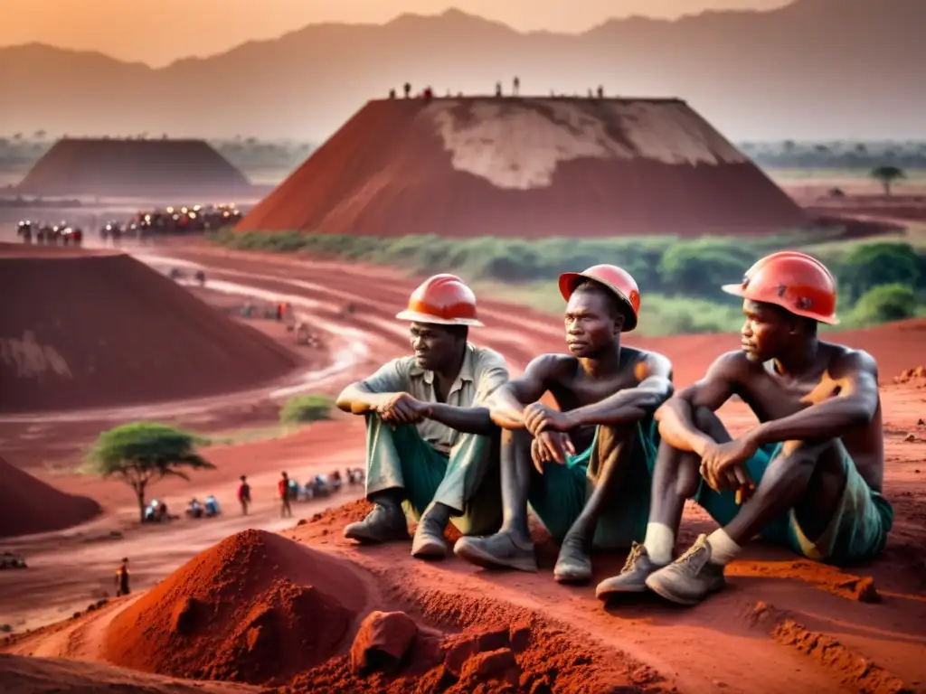 Grupo de mineros congoleños, cubiertos de polvo rojo, trabajando en una vasta mina de coltán bajo el sol abrasador