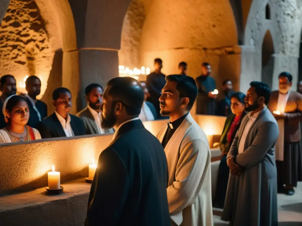 Grupo de minorías religiosas en iglesia subterránea, rostros iluminados por velas, expresando devoción y miedo