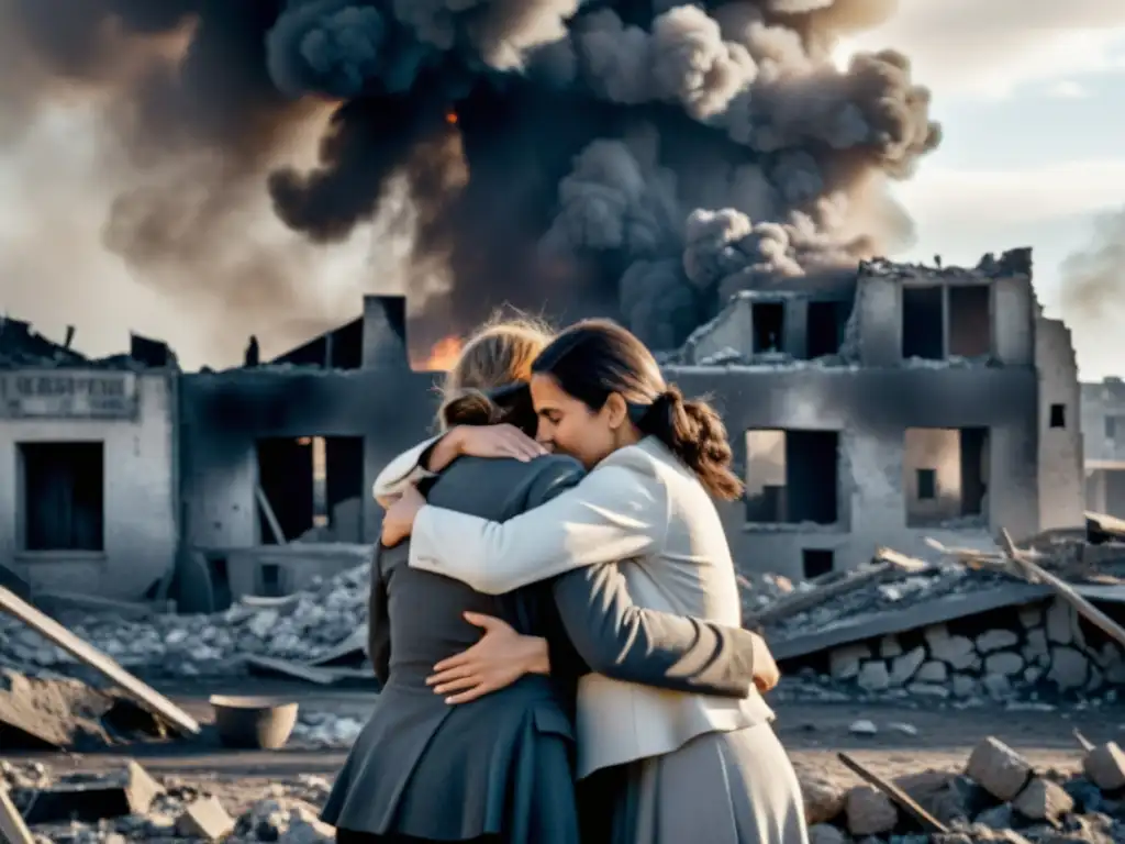 Un grupo de mujeres abrazadas en medio de la devastación de la guerra, mostrando la fuerza y resiliencia femenina