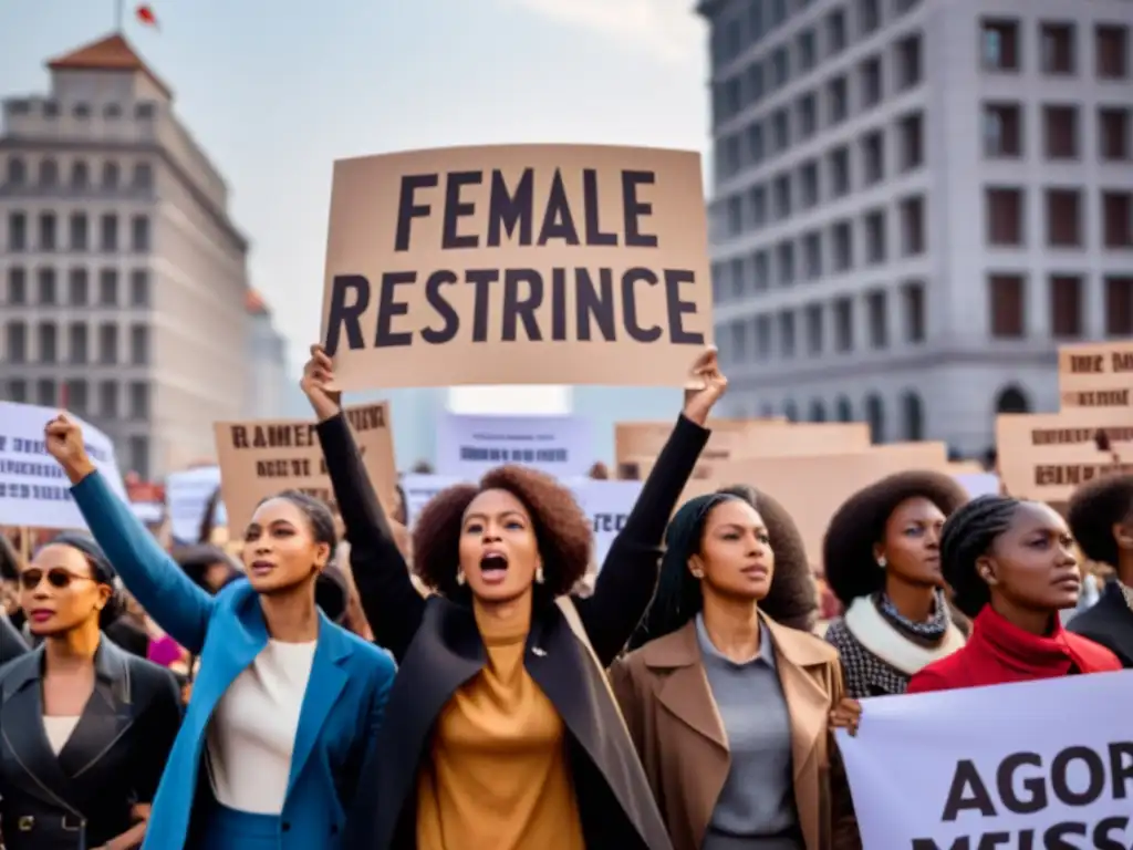 Grupo de mujeres en actitud desafiante, sosteniendo pancartas con mensajes empoderadores en una plaza de la ciudad