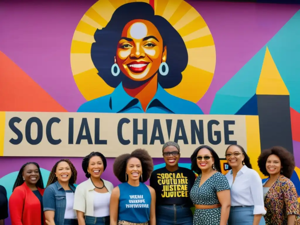 Grupo de mujeres activistas de derechos humanos globales posan frente a mural de empoderamiento y cambio social, mostrando determinación y unidad