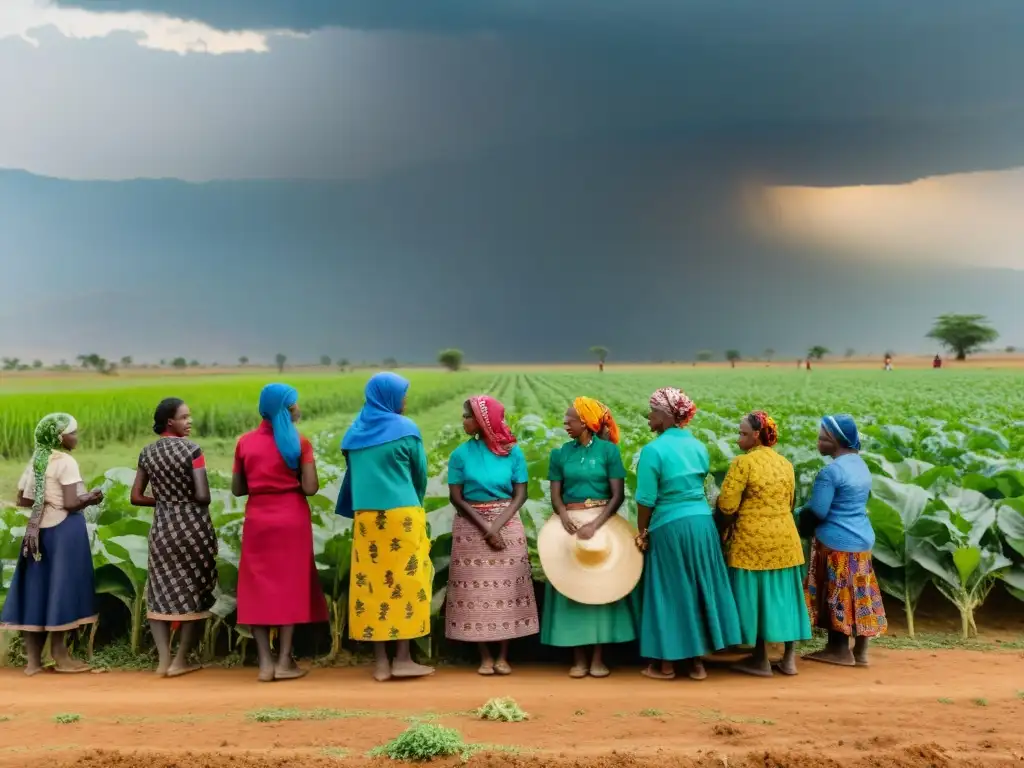 Grupo de mujeres agricultoras en una comunidad rural discuten estrategias de adaptación al cambio climático