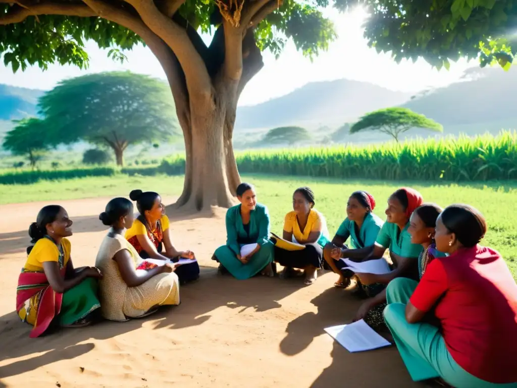 Grupo de mujeres en una aldea rural participan en una discusión con profesionales de microfinanzas bajo un árbol