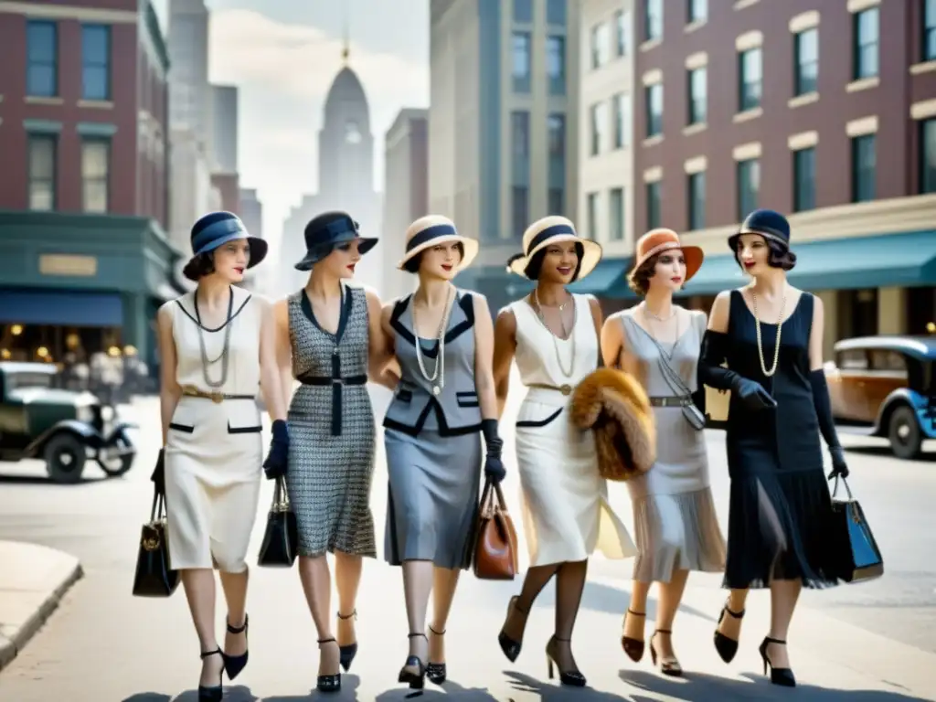 Grupo de mujeres de los años 20 paseando por la ciudad, reflejando la moda como expresión mujer moderna