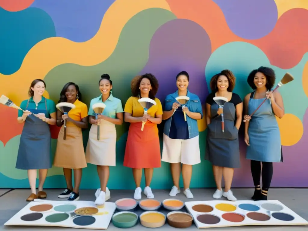 Un grupo de mujeres artistas diversas pintando juntas frente a un mural, celebrando la representación femenina en arte con pasión y determinación