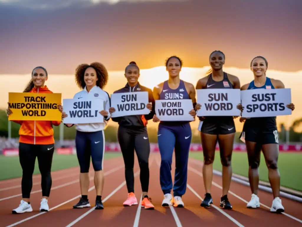 Un grupo de mujeres atletas diversas y determinadas se unen en la pista, desafiando estereotipos y rompiendo barreras en el rol de las mujeres en el deporte