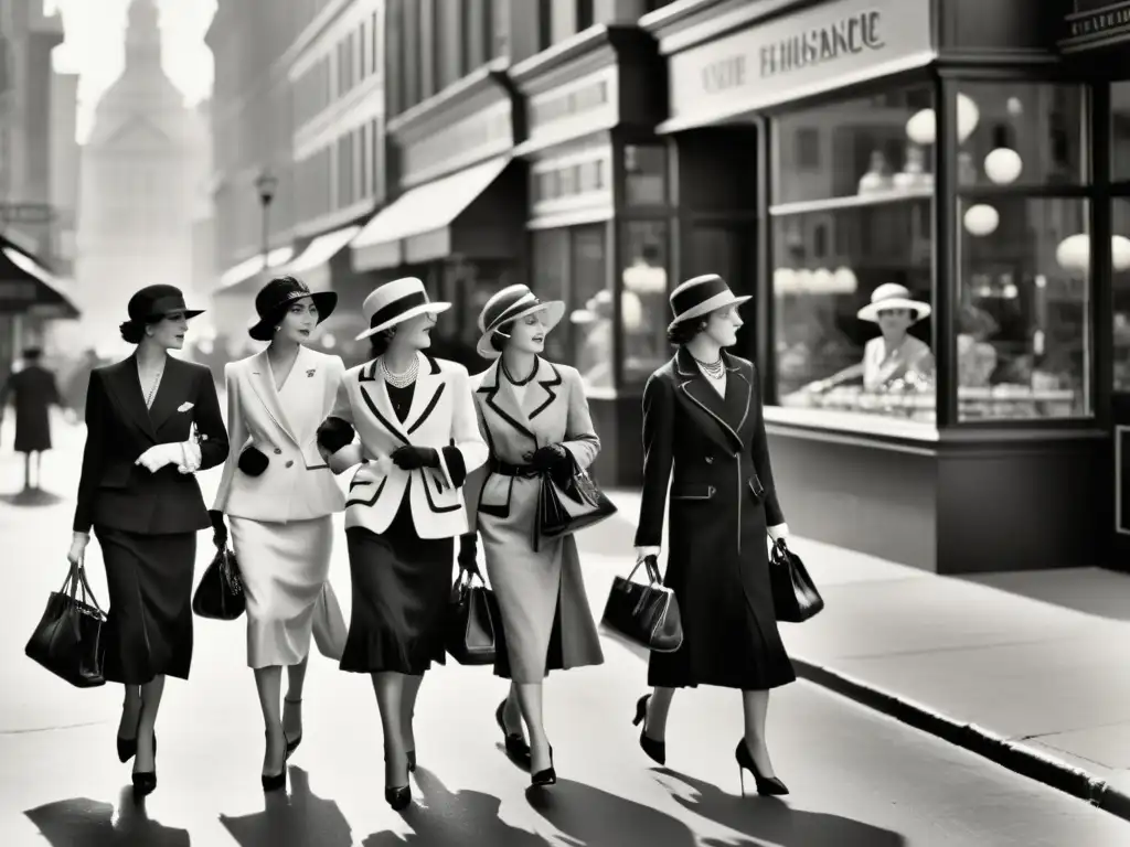 Grupo de mujeres en atuendo de los años 20 caminando con confianza en la bulliciosa ciudad, exhibiendo moda como expresión mujer moderna