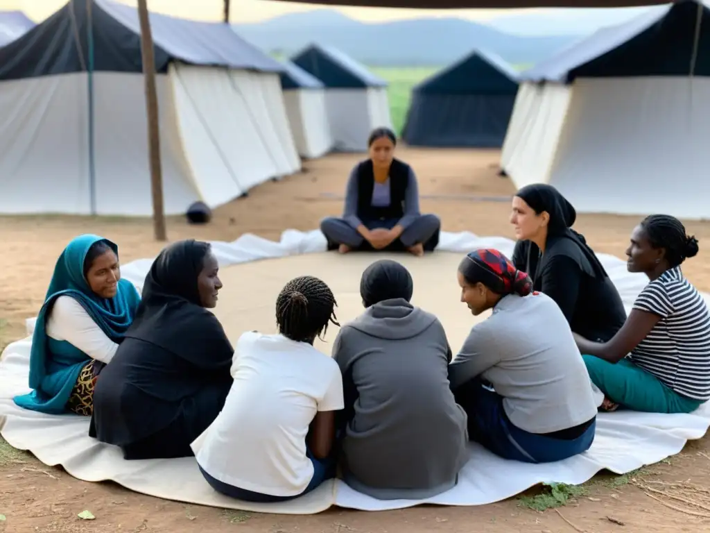 Grupo de mujeres en un campo de refugiados, consolándose y mostrando resiliencia frente a la violencia de género en refugiados