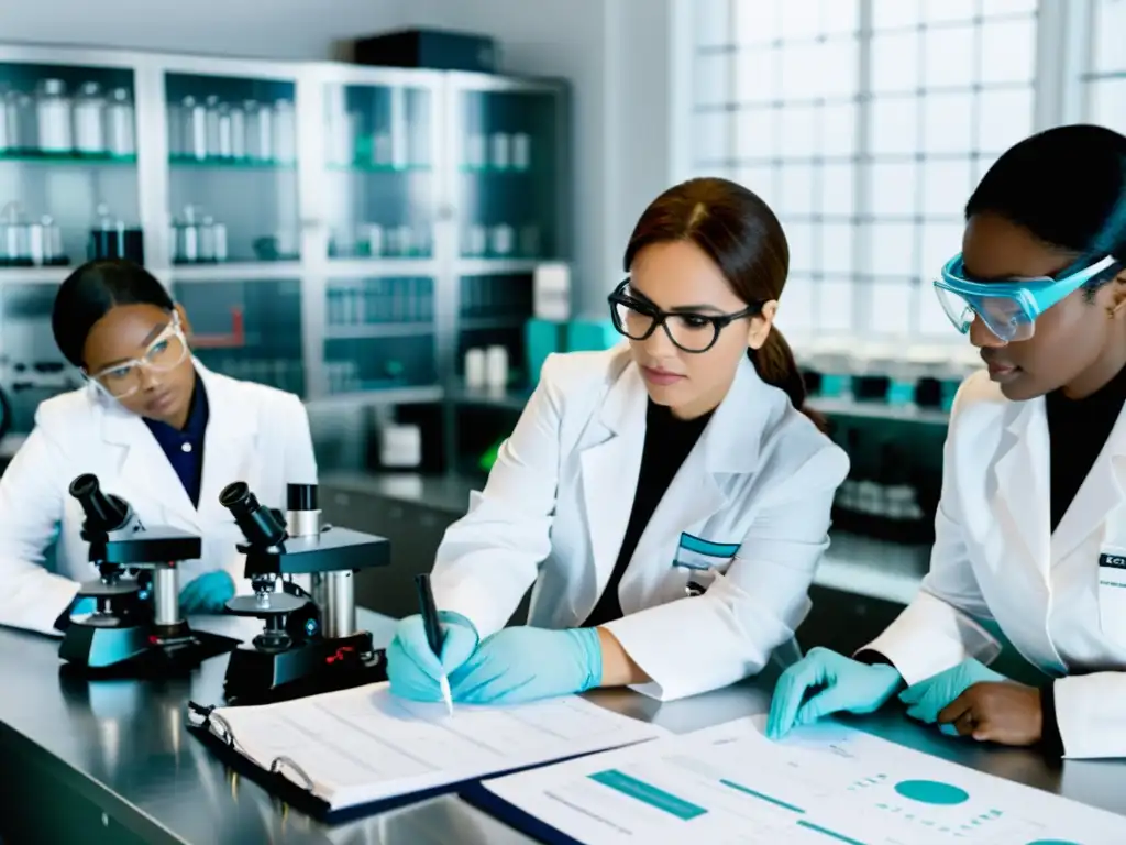 Un grupo de mujeres científicas trabajando juntas en un laboratorio, enfocadas en su investigación