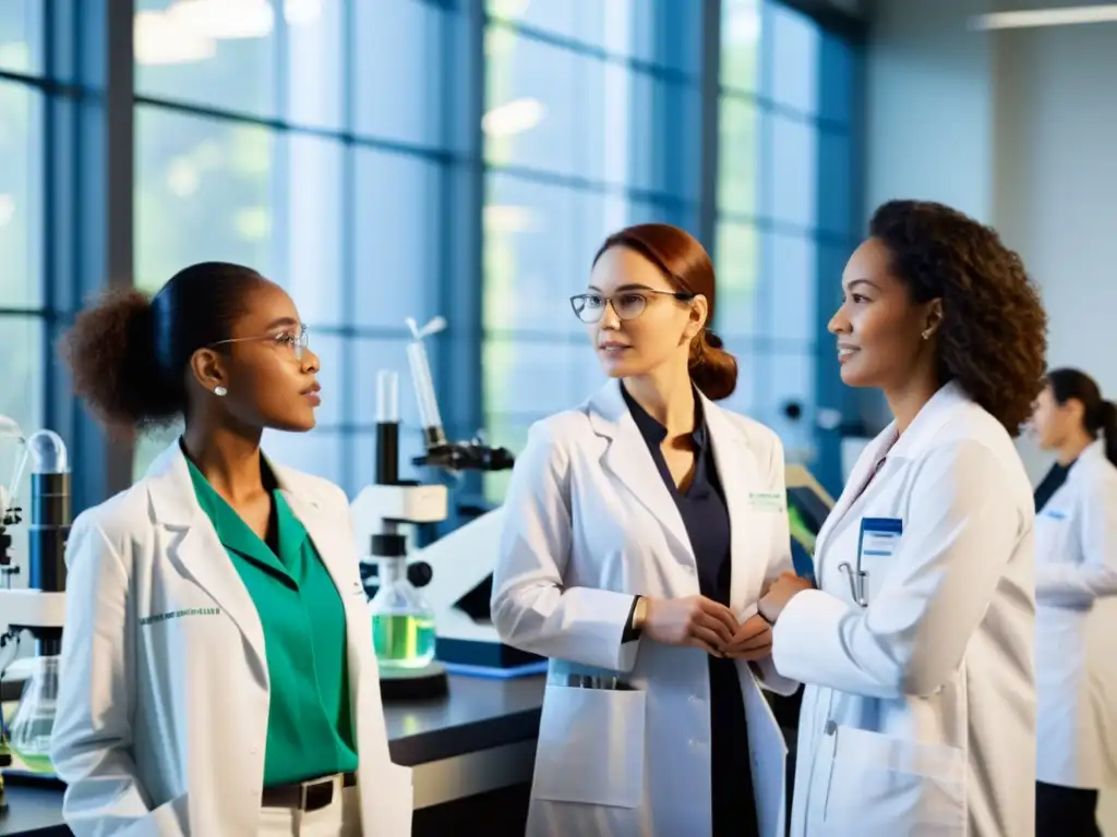 Grupo de mujeres científicas colaborando en un laboratorio, promoviendo la igualdad de género en la ciencia