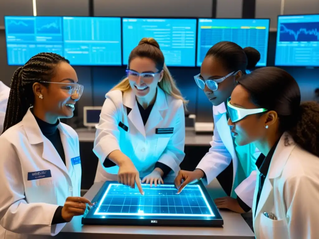 Grupo de mujeres científicas en laboratorio, debatiendo datos y realizando experimentos, con equipo tecnológico