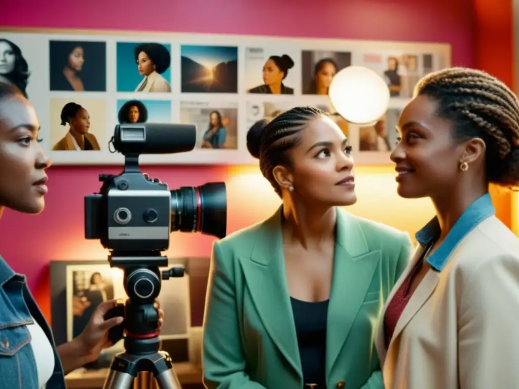 Un grupo de mujeres cineastas visibilizan la lucha feminista al colaborar en proyectos cinematográficos, rodeadas de equipo y pósters inspiradores