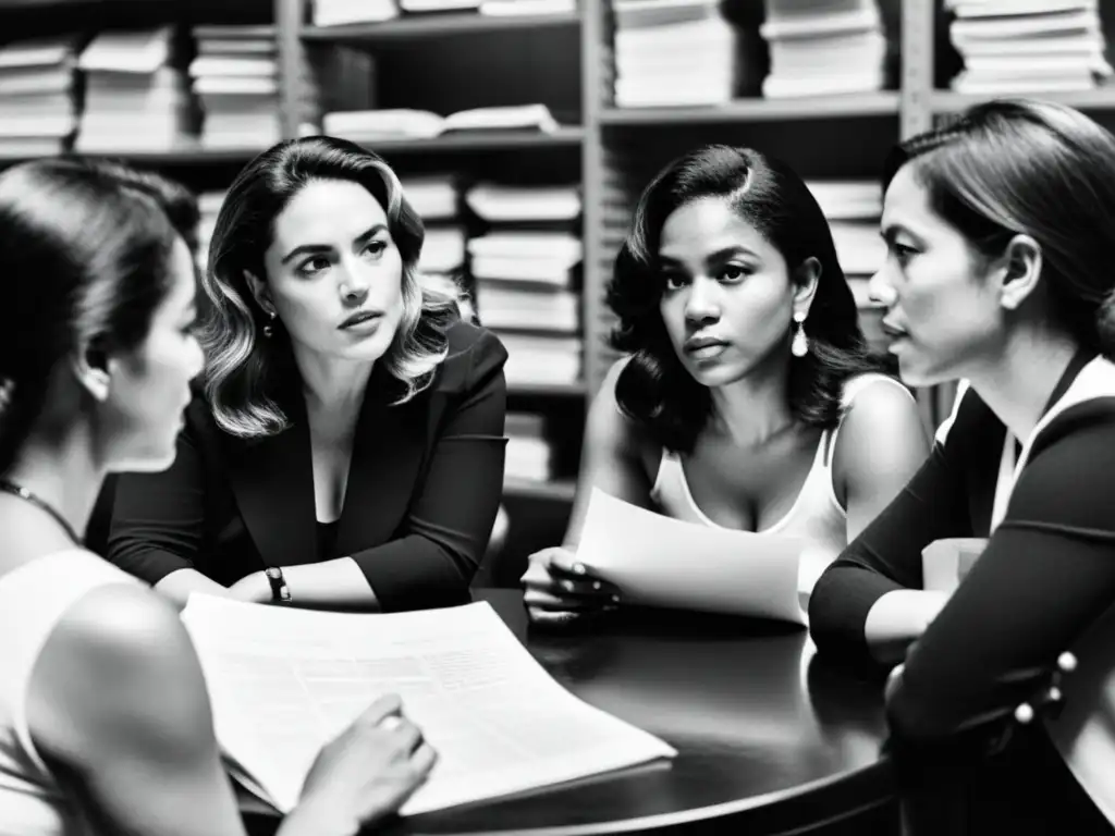 Un grupo de mujeres cineastas visibilizan lucha feminista, concentradas en discusión rodeadas de equipo de filmación y guiones