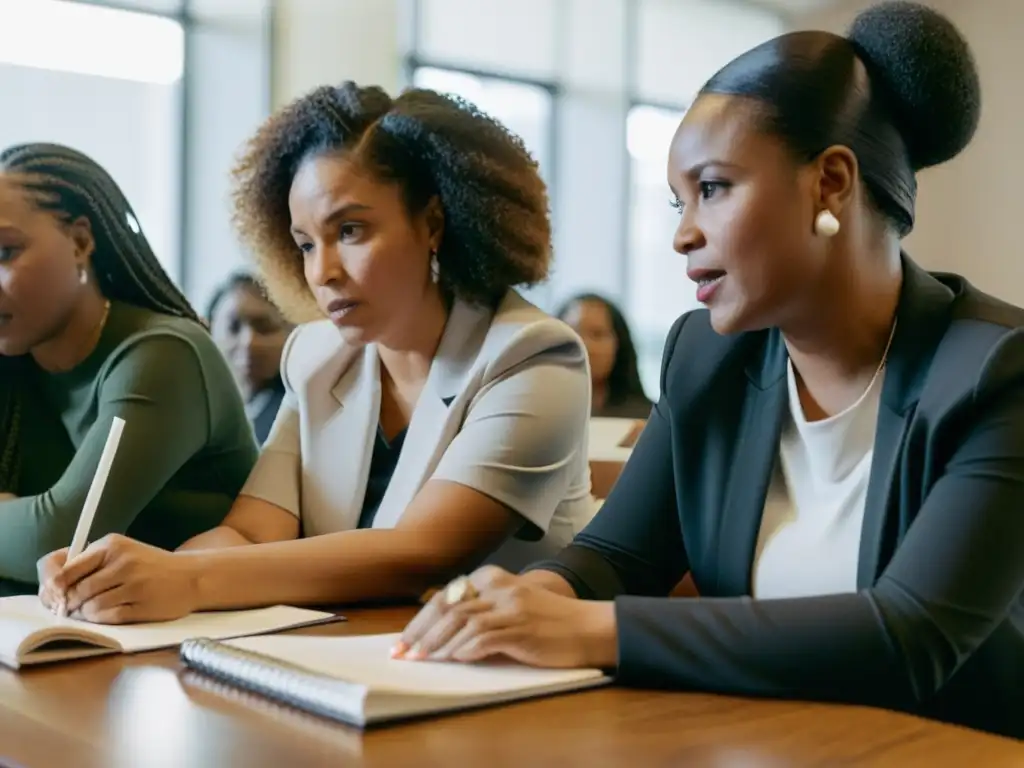 Grupo de mujeres en comunidad, debatiendo roles de la mujer en la historia