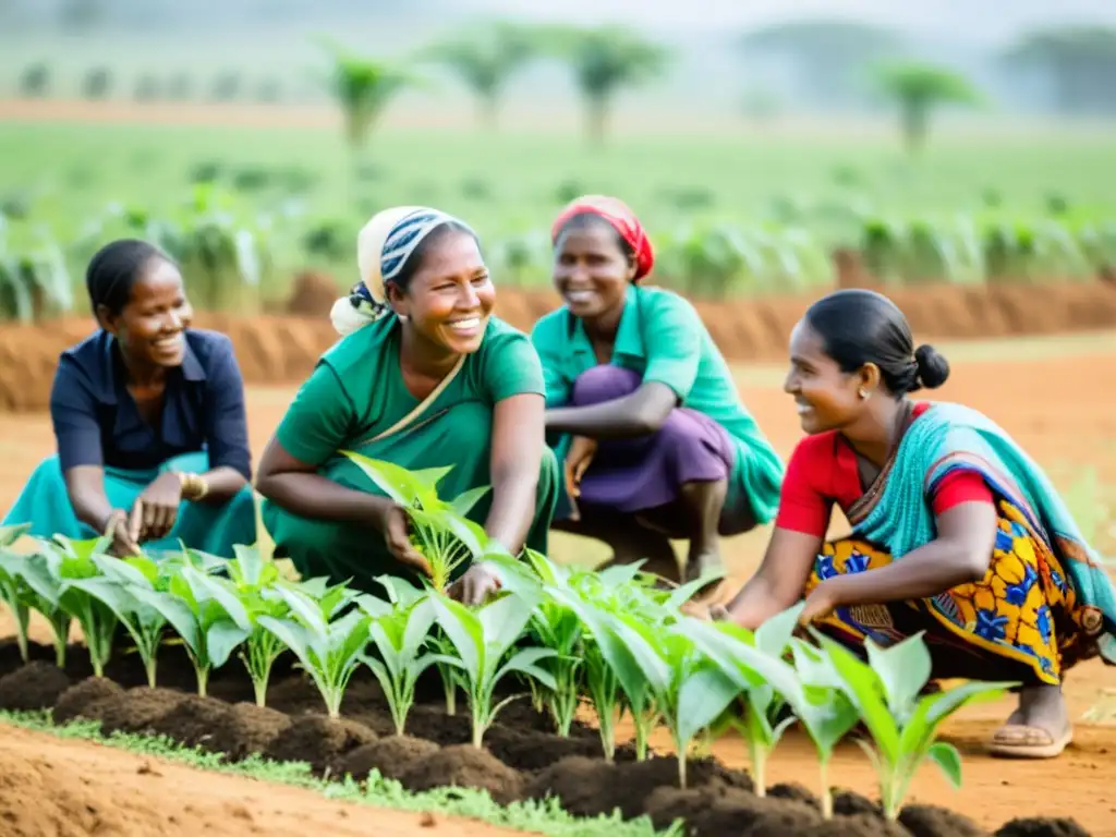 Un grupo de mujeres en una comunidad rural, luchando juntas contra el impacto de género del cambio climático, mostrando determinación y solidaridad