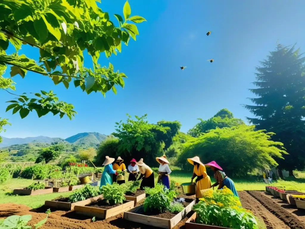 Grupo de mujeres en comunidad rural plantando árboles y cuidando huerto, transmitiendo empoderamiento, justicia climática y medio ambiente