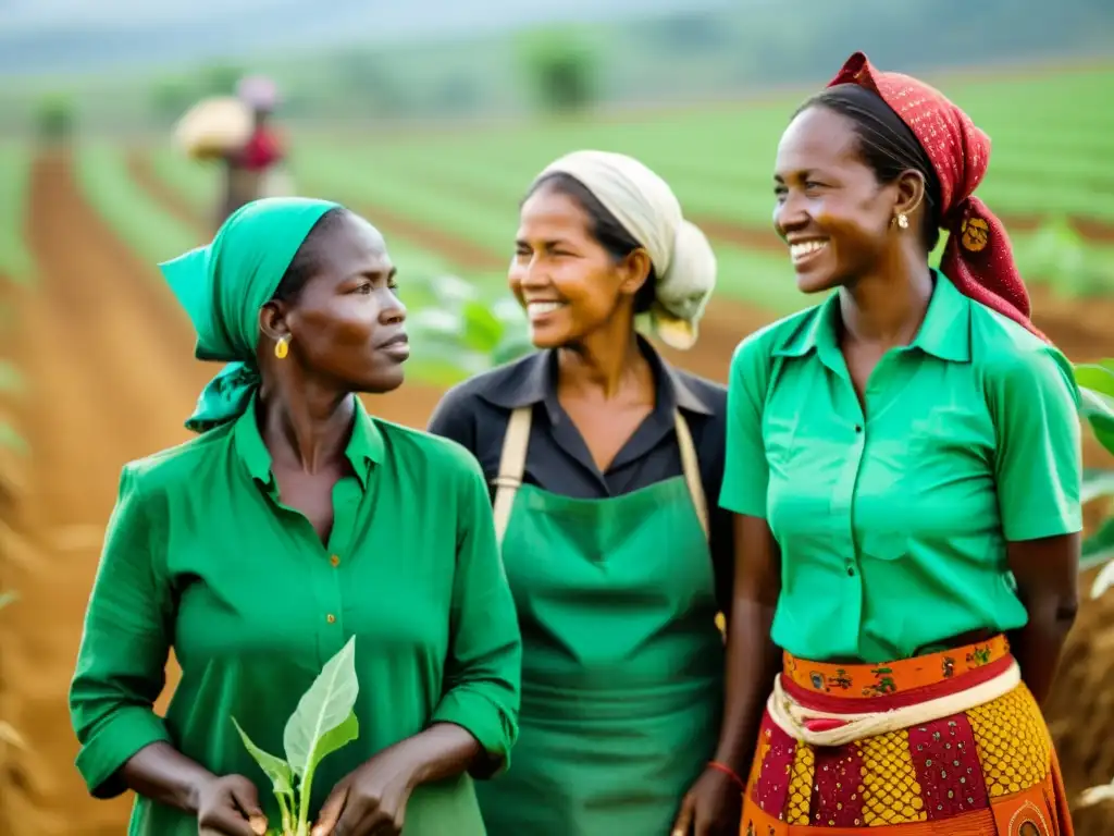 Grupo de mujeres en comunidad rural practicando agricultura sostenible para contrarrestar el efecto de la crisis climática en los derechos humanos