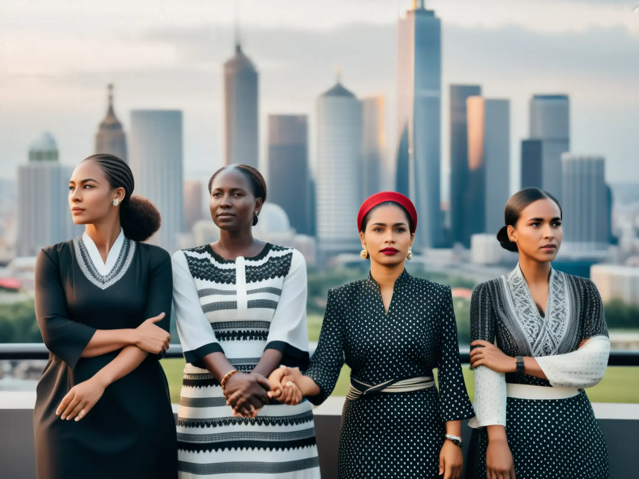 Un grupo de mujeres de diferentes culturas, unidas y determinadas, desafiando los derechos de las mujeres en el mundo