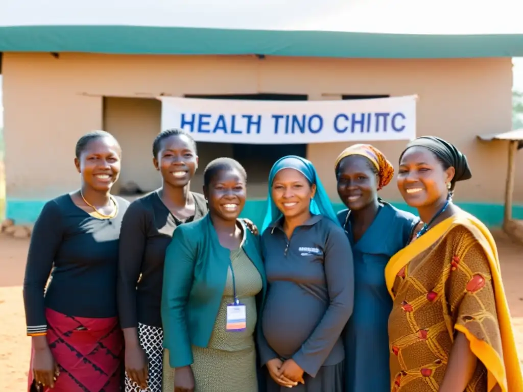 Grupo de mujeres luchando por derechos de salud sexual en zona conflictiva, brindando apoyo y educación en clínica improvisada al atardecer