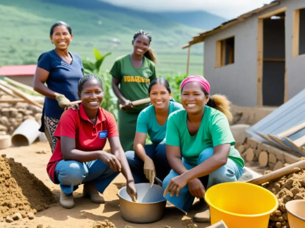 Grupo de mujeres unidas reconstruyendo tras desastre por cambio climático, destacando impacto de género