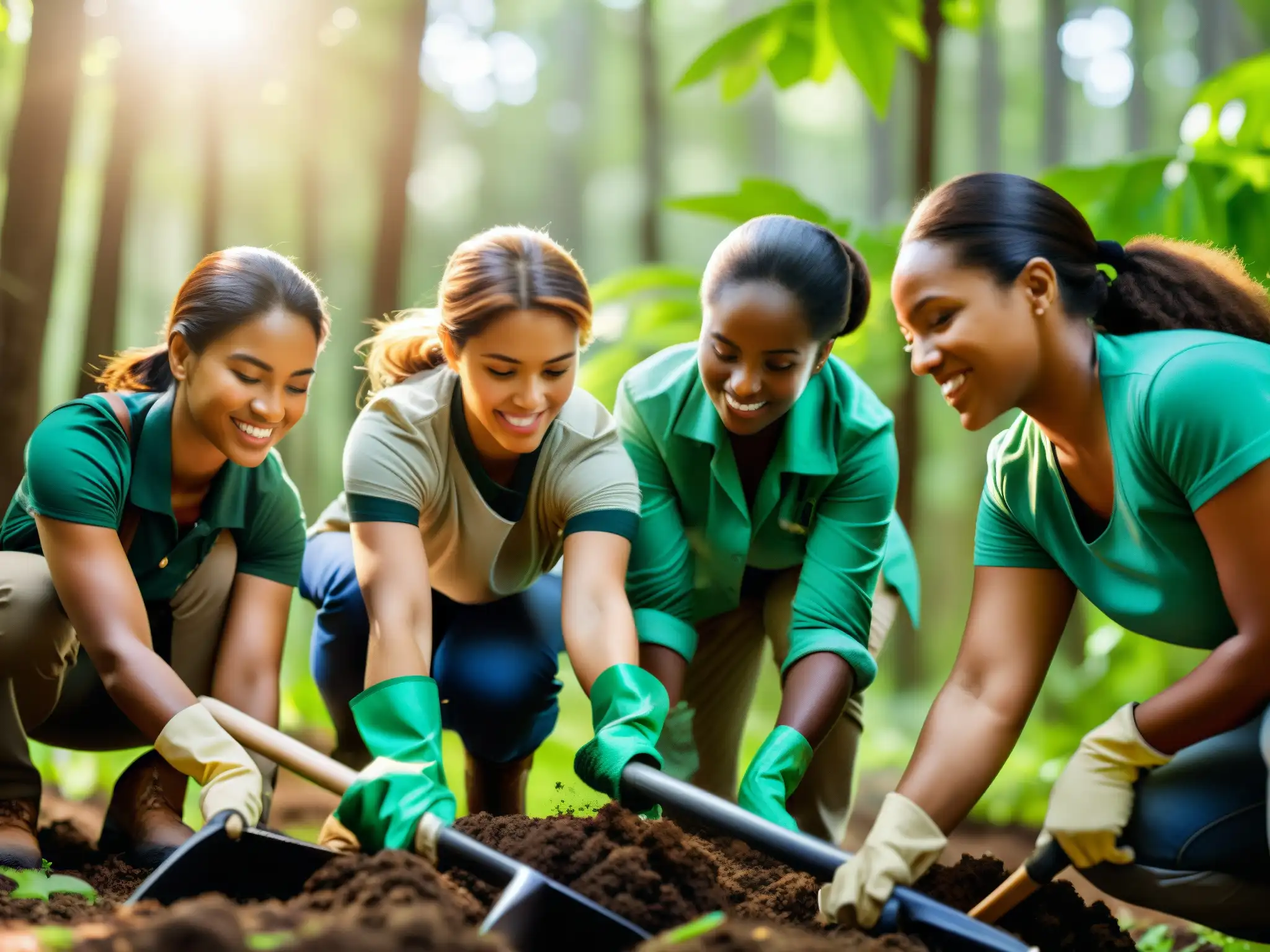 Un grupo de mujeres diversas plantando árboles con determinación y liderazgo en la conservación del medio ambiente