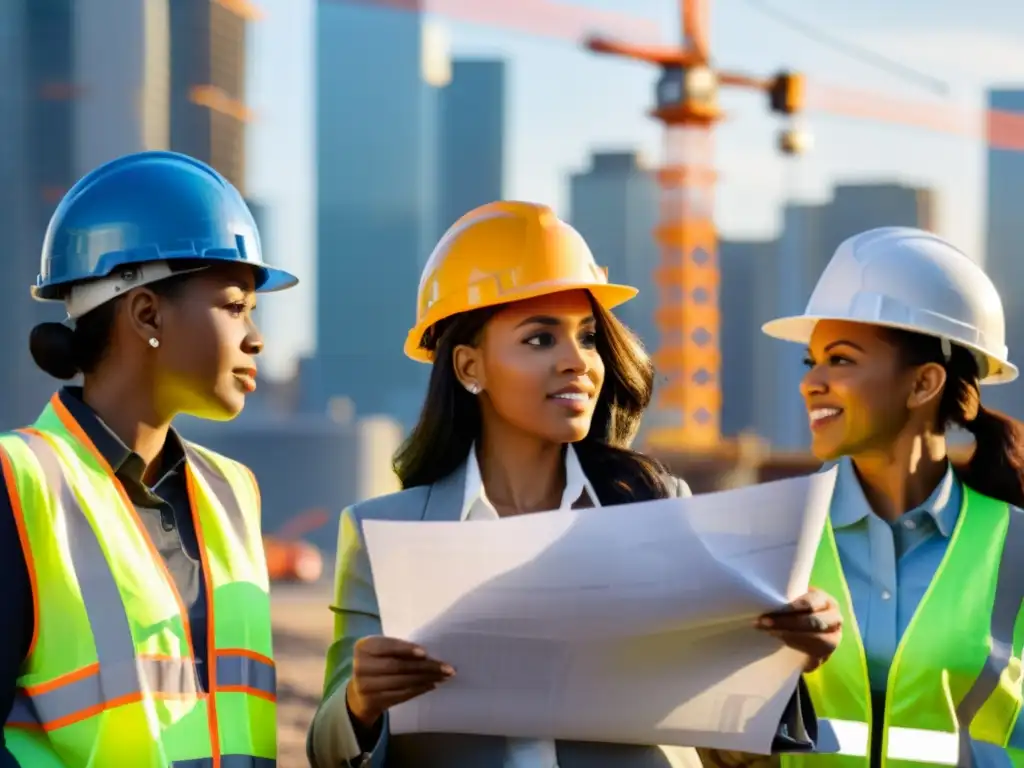 Un grupo de mujeres diversas con cascos y chalecos de seguridad, trabajando juntas en una obra, simbolizando la lucha por la igualdad de género en entornos laborales