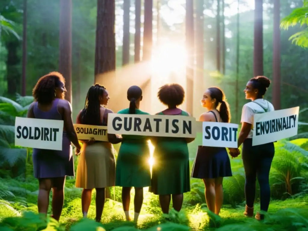 Un grupo de mujeres diversas se unen en un círculo en el bosque, mostrando determinación y solidaridad