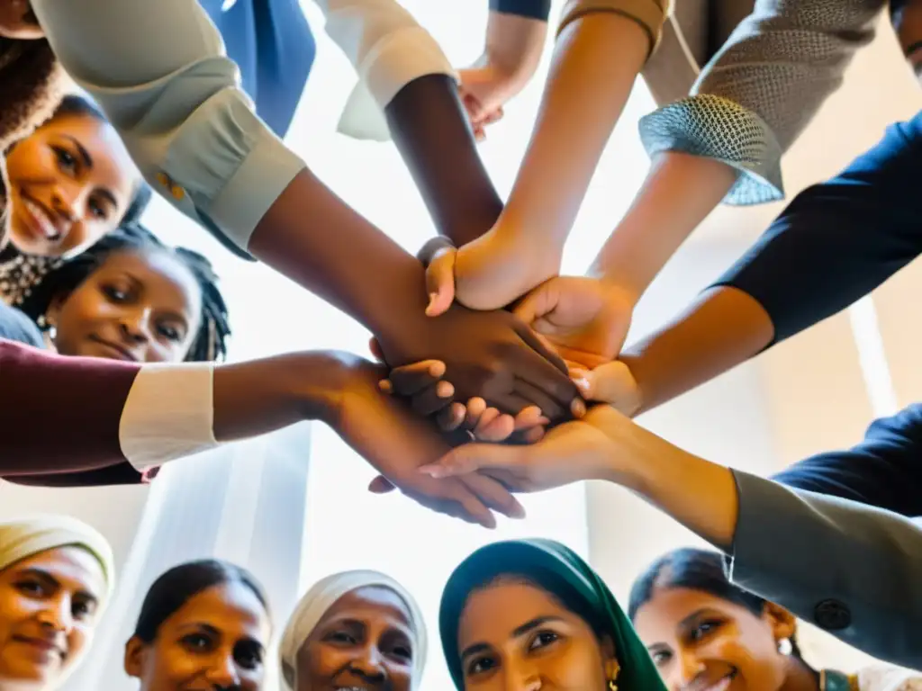 Un grupo de mujeres diversas en círculo, unidas y determinadas, participando en una workshop de resolución de conflictos