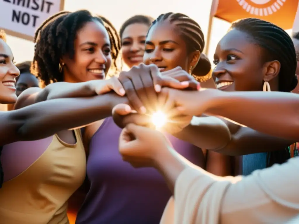 Grupo de mujeres diversas unidas en círculo, expresando determinación y solidaridad en evento de activismo feminista