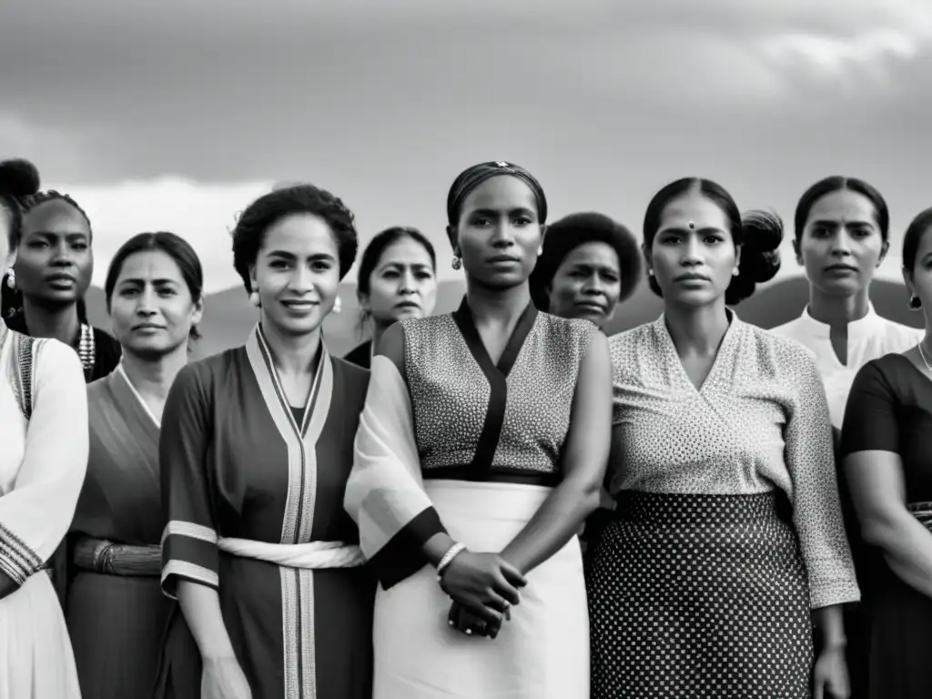 Un grupo de mujeres diversas, unidas y decididas mirando hacia el horizonte, representando el impacto de las convenciones internacionales en los derechos de la mujer