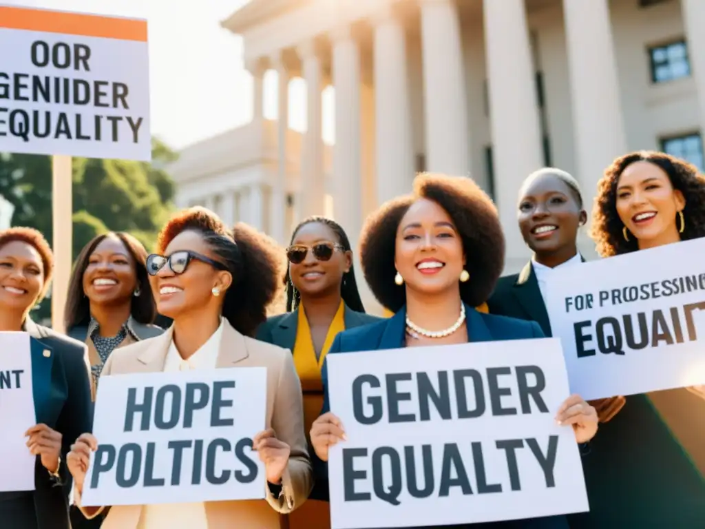 Un grupo de mujeres diversas y determinadas se unen frente a un edificio gubernamental, sosteniendo pancartas con mensajes empoderadores sobre la igualdad de género en la política