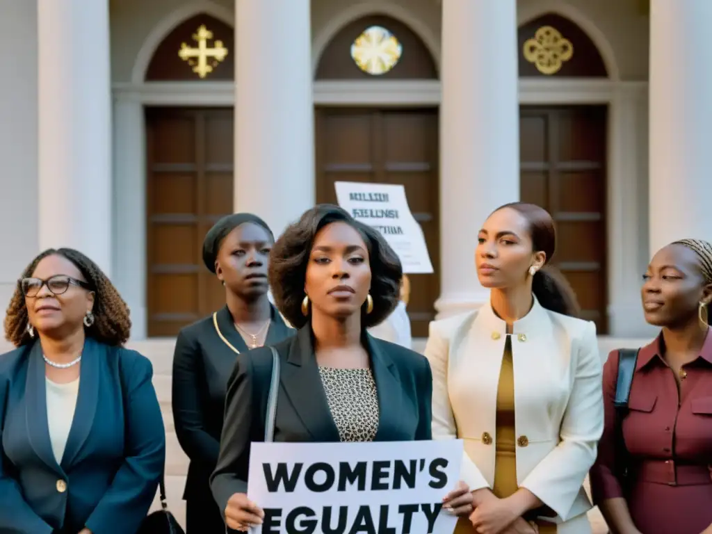 Un grupo de mujeres diversas frente a una institución religiosa, abogando por la igualdad de género en la religión