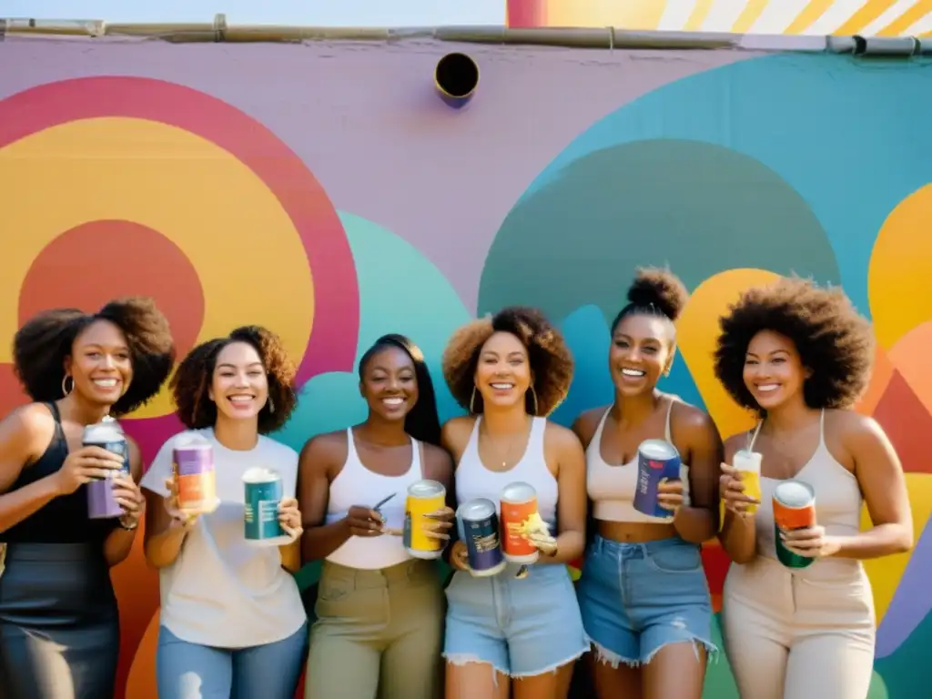 Grupo de mujeres diversas frente a mural colorido, pintan escenas de empoderamiento femenino