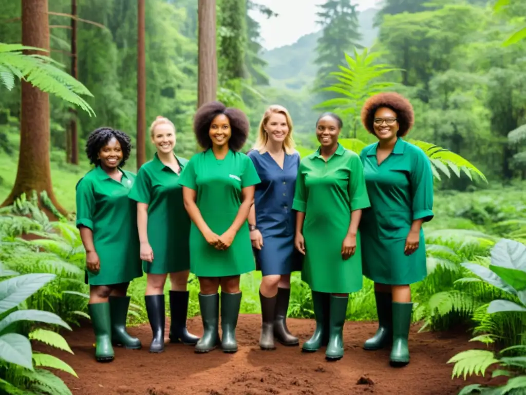 Un grupo de mujeres diversas y fuertes, unidas en un círculo en medio de un exuberante bosque