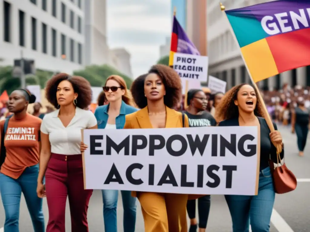 Un grupo de mujeres diversas marchando juntas en protesta, sosteniendo pancartas con mensajes empoderadores en apoyo al activismo feminista