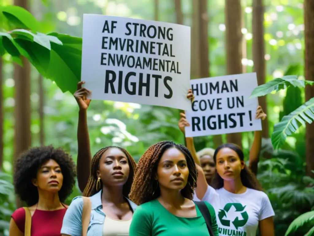 Grupo de mujeres diversas muestra liderazgo en ecofeminismo, levantando pancartas en el bosque