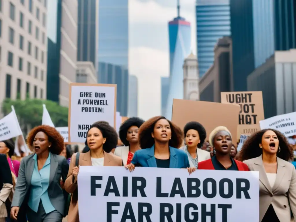 Un grupo de mujeres diversas marcha con pasión en las calles de la ciudad, exigiendo protestas laborales y derechos humanos para las mujeres